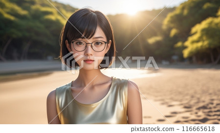 Portrait of a woman with short black hair and glasses 116665618