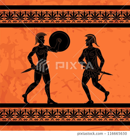 Greek mural. Ancient warriors. Athens mythology. Rome gladiators. Sparta soldiers battle background. Trojan historic art. Black silhouette. Men with shields and swords. Vector antique painting pattern 116665630