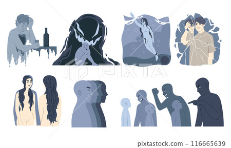 Depressed and harmony. Mental disease. Anxiety people. Grief or sad. Self violence. Afraid woman silhouette. Feared man. Subconscious mind. Inner spiritual health care. Vector psychology concepts set 116665639