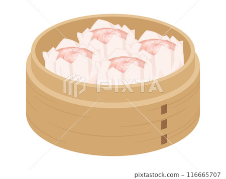 Illustration of shrimp shumai in a bamboo steamer 116665707