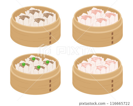 Illustration material set of shumai in a bamboo steamer Illustration material set of shumai in a bamboo steamer 116665722