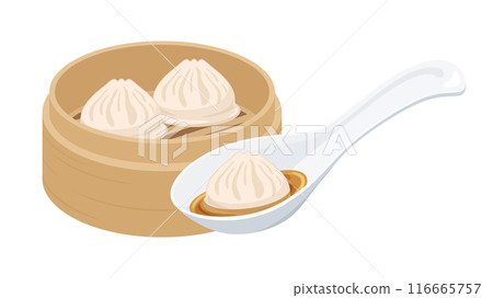 Illustration of eating xiaolongbao dumplings in a bamboo steamer with a spoon Illustration of eating xiaolongbao dumplings in a bamboo steamer with a spoon 116665757