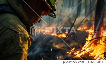Close-up of a fireman putting out forest fires. 116665841