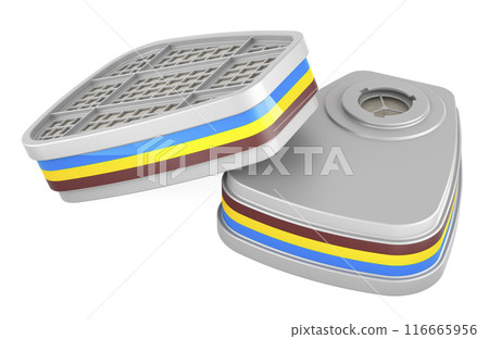 Respirator cartridges. Filter boxes from respirator, 3D rendering 116665956