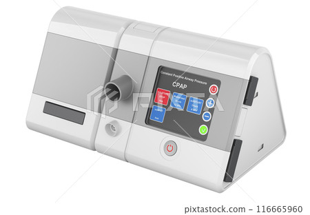 White CPAP. Continuous Positive Airway Pressure, 3D rendering White CPAP. Continuous Positive Airway Pressure, 3D rendering 116665960