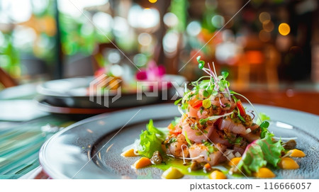 Fresh ceviche dish from Peru with fresh ingredient 116666057