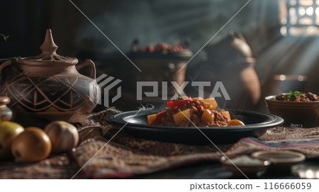 Traditional Moroccan tajine dish with old dishes 116666059