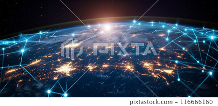 Interconnected communication lines on globe for global reach, online connections 116666160