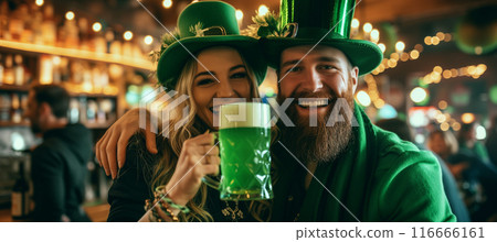 Happy adult man and woman celebrating saint patricks day at an irish beer pub 116666161