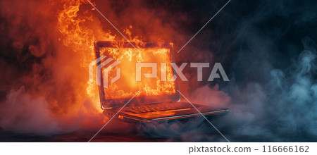 Fiery laptop engulfed in smoke on dark background, realistic scene 116666162