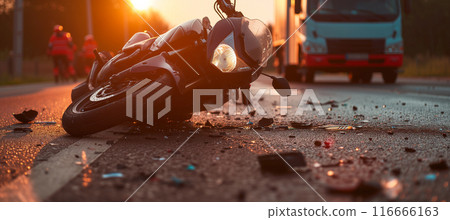 Close-up of motorcycle accident with scattered debris on the road 116666163
