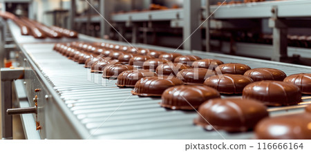 Chocolate candy production line with conveyor belt in confectionery factory 116666164