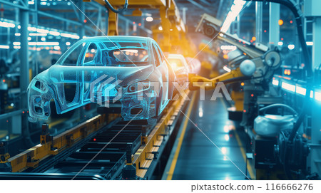 Robotic arm performing tasks on modern production line with blurred background 116666276