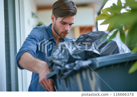 Caring man removing garbage bag from home trash can for proper waste disposal 116666378
