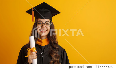 Female graduate in cap and gown celebrating achievement on yellow background 116666380