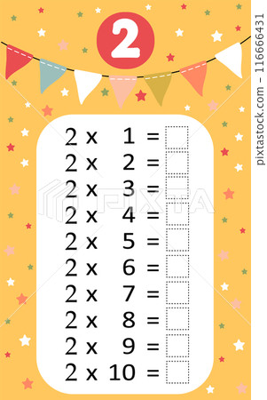 Multiplication table by 2 with a task to consolidate the knowledge of multiplication. Vector illustration Multiplication table by 2 with a task to consolidate the knowledge of multiplication. Vector illustration 116666431