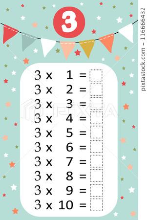 Multiplication table by 3 with a task to consolidate the knowledge of multiplication. Vector illustration Multiplication table by 3 with a task to consolidate the knowledge of multiplication. Vector illustration 116666432