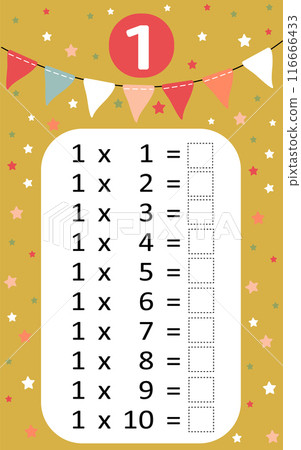 Multiplication table by 1 with a task to consolidate the knowledge of multiplication. Vector illustration Multiplication table by 1 with a task to consolidate the knowledge of multiplication. Vector illustration 116666433