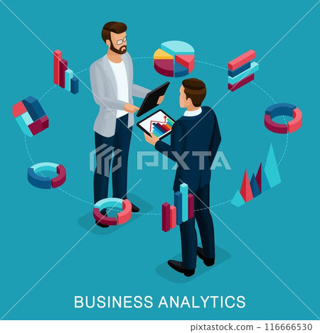 Isometric Business Analyst, male businessman, concept planning. Young businessman stylish hairstyle business clothes, work on modern systems, tablet wi-fi. Vector illustration 116666530