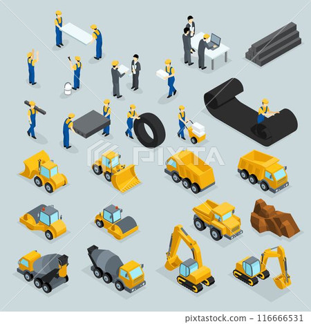 Isometric 3D Building of business ideas, brand, creative on a dark background. Working people in the construction work. The development plan of the invention. Building Isometric 116666531
