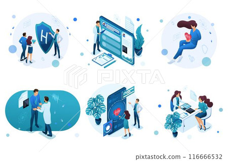 Set of isometric concepts for advertising and creating landing pages on the theme of medicine. Doctor advises the patient, medical worker during the work Set of isometric concepts for advertising and creating landing pages on the theme of medicine. Doctor advises the patient, medical worker during the work 116666532