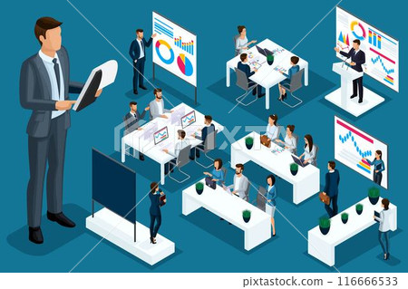 Isometric cartoon people, 3d businessmen and business ladies different situations, big man and mini coaching concept for vector illustrations Isometric cartoon people, 3d businessmen and business ladies different situations, big man and mini coaching concept for vector illustrations 116666533