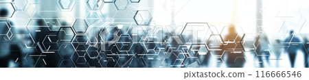Blurred Silhouettes of Business Professionals Walking in a Modern Office Setting With Hexagon Pattern Background Blurred Silhouettes of Business Professionals Walking in a Modern Office Setting With Hexagon Pattern Background 116666546