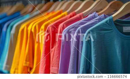 Colorful T-Shirts Hanging on Wooden Hangers in a Retail Store 116666574