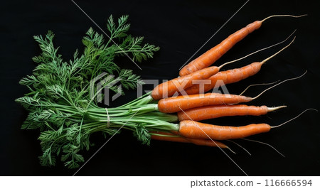 Fresh Orange Carrots With Green Tops On Black Background 116666594