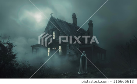 A Woman in a Cloak Stands Before a Foggy Haunted House at Night 116666618