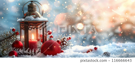 A Snowy Winter Scene With a Lantern and Christmas Ornament 116666643