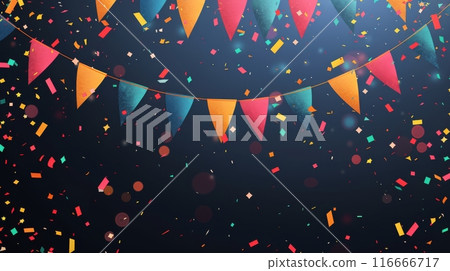 Red and White Triangle Flags Hanging With Confetti Falling at Night 116666717