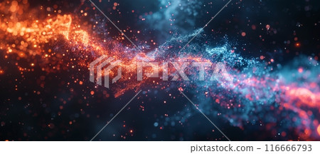 Abstract Red and Blue Glitter Waves on Dark Background 116666793