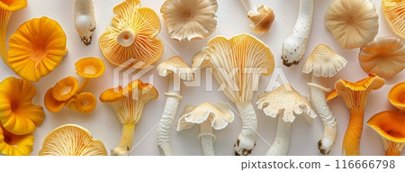 Closeup of Orange and White Mushrooms on a White Background Closeup of Orange and White Mushrooms on a White Background 116666798