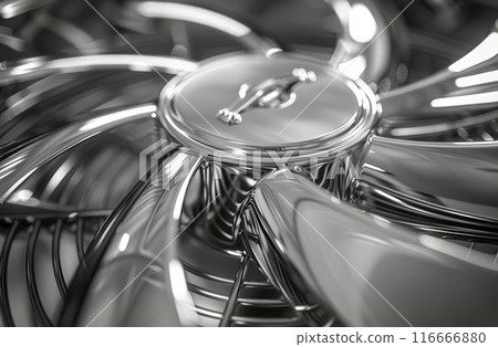 Close Up of a Shiny Metal Fan Blade With a Center Hub 116666880
