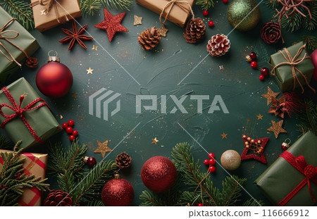 Festive Christmas Decorations on Green Background 116666912