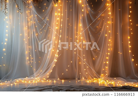 White Sheer Curtain With Warm White Fairy Lights White Sheer Curtain With Warm White Fairy Lights 116666913