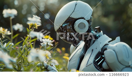 White Robot Examining Flowers in a Meadow on a Sunny Day 116666923