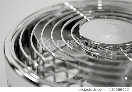 Close Up of a Shiny Metal Fan Blade With a Center Hub Close Up of a Shiny Metal Fan Blade With a Center Hub 116666933