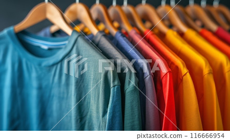 Colorful T-Shirts Hanging on Wooden Hangers in a Retail Store 116666954