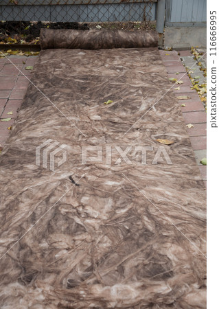 Construction worker thermally insulating house mineral wool attic with glass wool 116666995