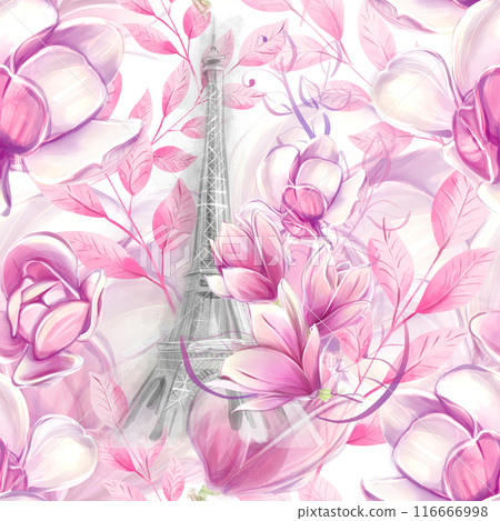 Seamless pattern magnolia and eiffel tower in a watercolor style. Romantic floral french pattern. Ideal for textile, industrial, scrap, packaging paper 116666998