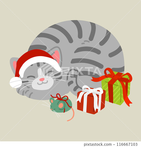A simple and cute illustration of a sleeping tabby cat curled up, Christmas, no main lines 116667103