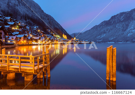 Old Austrian village Hallstatt in night illumination at sunset. 116667124