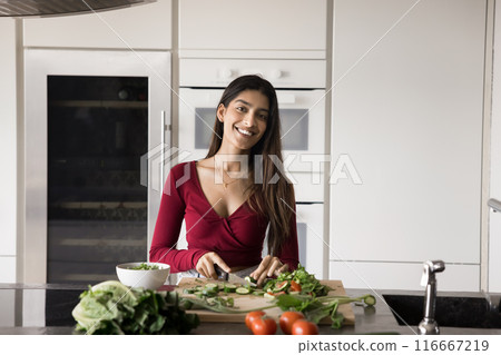 Cheerful beautiful young Indian chef woman preparing healthy lunch 116667219