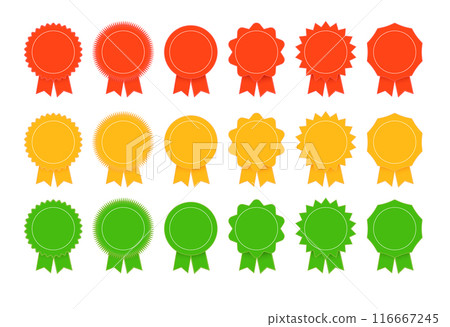 Medal set with ribbon. Trophy award badges, achievement flat label. Vector Medal set with ribbon. Trophy award badges, achievement flat label. Vector 116667245