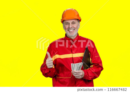 Portrait of happy elder man holding money and showing like gesture. Isolated on yellow. 116667482