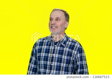 Portrait of happy cheerful caucasian man is looking up. Isolated on yellow. 116667523