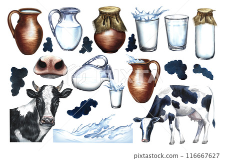 Milk. A set of dairy products. Ceramic and glassware, cows and milk splashes. Watercolor illustration made by hand, isolated clipart. For the design of dairy products advertising, packaging and label. Milk. A set of dairy products. Ceramic and glassware, cows and milk splashes. Watercolor illustration made by hand, isolated clipart. For the design of dairy products advertising, packaging and label. 116667627