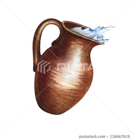 An earthenware jug with milk. Watercolor illustration. Ceramics, earthenware, earthenware tableware. Isolated from the background. For designer packaging of dairy products, textiles, kitchen utensils. An earthenware jug with milk. Watercolor illustration. Ceramics, earthenware, earthenware tableware. Isolated from the background. For designer packaging of dairy products, textiles, kitchen utensils. 116667628